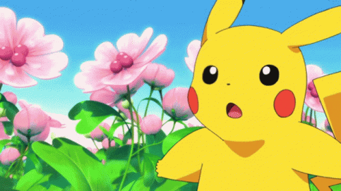 A Pikachu Standing In Front Of A Field Of Pink Flowers GIF