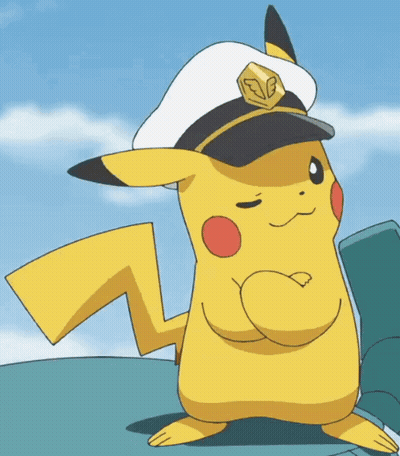 A Pikachu Wearing A Captain 'S Hat With A Wing On It GIF