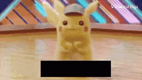 A Pikachu Wearing A Hat Is Standing On A Table With A Censored Box In Front Of It . GIF