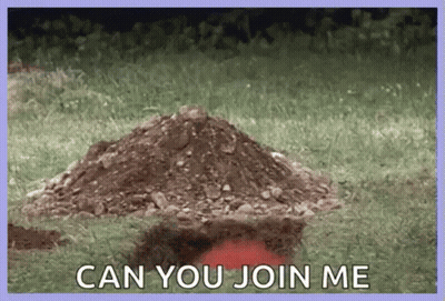 A Pile Of Dirt In The Grass With The Words `` Can You Join Me '' Above It . GIF