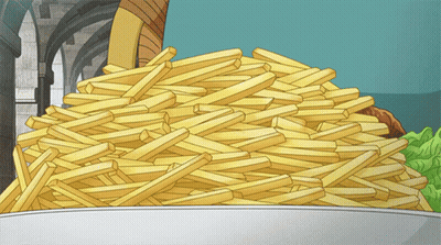 A Pile Of French Fries On A Plate With A Castle In The Background GIF