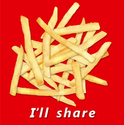 A Pile Of French Fries On A Red Background With The Words I 'Ll Share Below It GIF