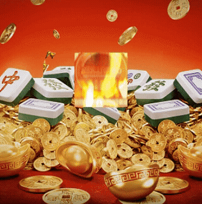 A Pile Of Gold Coins And Mahjong Tiles With A Picture Of A Fire Behind Them GIF