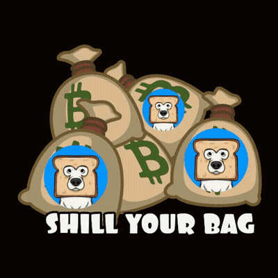 A Pile Of Money Bags With A Dog In A Bread Box And The Words " Shill Your Bag " Below It GIF