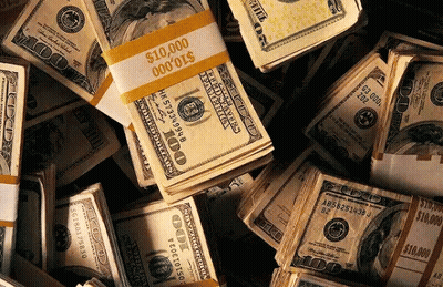 A Pile Of Stacks Of 100 Dollar Bills With One Stack Being Worth $ 10,000 GIF
