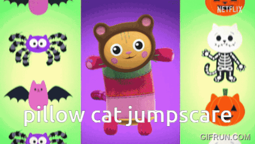 A Pillow Cat Jumpscare Animated Gif With A Purple Background GIF