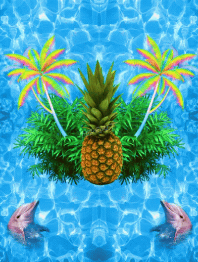 A Pineapple Is Surrounded By Palm Trees And Two Dolphins GIF