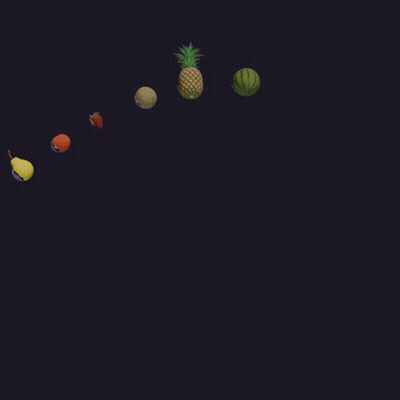 A Pineapple Melon And Watermelon Are Floating In The Air On A Dark Background GIF