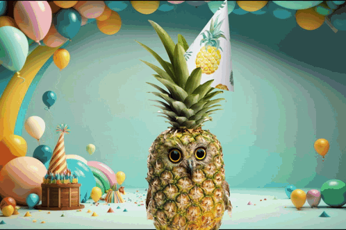 A Pineapple Owl Wearing A Pineapple Hat Stands In Front Of Balloons GIF