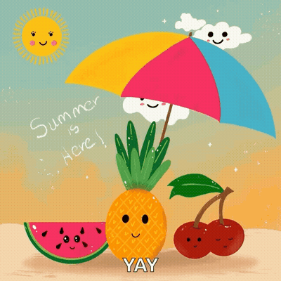 A Pineapple Watermelon And Cherry Are Under An Umbrella With The Words Summer Is Here Written Below Them GIF