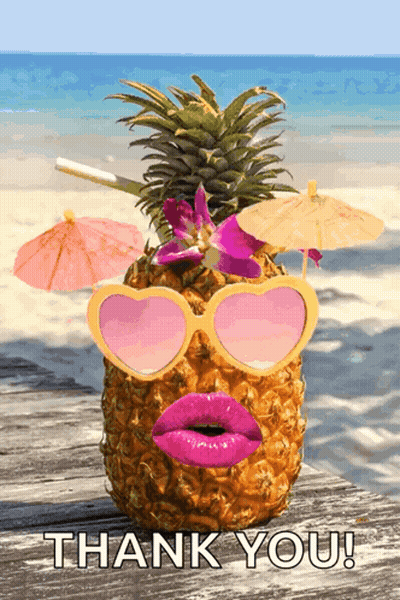 A Pineapple Wearing Sunglasses And Pink Lips With The Words Thank You Written Below It GIF