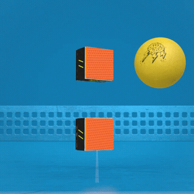 A Ping Pong Net With A Yellow Ball And Two Boxes That Say Strasse GIF