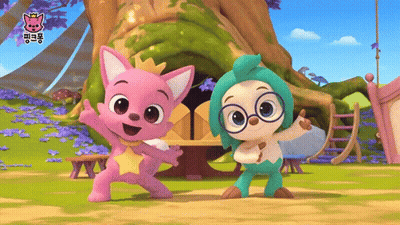 A Pink And A Green Cartoon Character Are Dancing In Front Of A Tree .. GIF