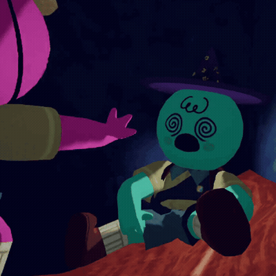 A Pink And A Green Cartoon Character With A Swirl On Their Face GIF