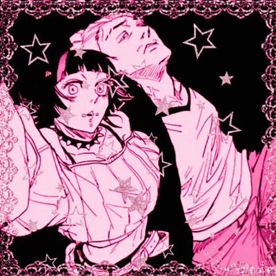 A Pink And Black Drawing Of A Man And A Woman With Stars On Them GIF