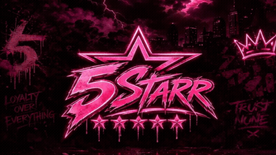 A Pink And Black Logo For 5 Starr With A City In The Background GIF