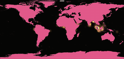 A Pink And Black Map Of The World With The Year 2010 At The Bottom GIF