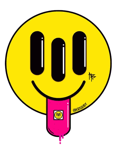 A Pink And Black Smiley Face With A Blue Tongue Sticking Out Of It . Sticker