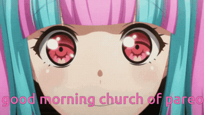 A Pink And Blue Anime Girl With Red Eyes Says Good Morning Church Of Pared GIF