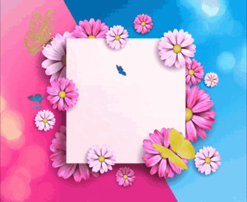A Pink And Blue Background With Flowers And A Crown That Says Girl On It GIF