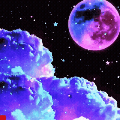 A Pink And Blue Moon Is Surrounded By Purple Clouds GIF