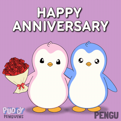 A Pink And Blue Penguin Holding A Bouquet Of Red Roses GIF