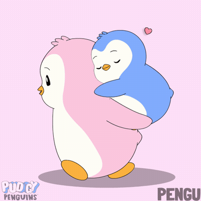 A Pink And Blue Penguin Hugging Each Other With The Name Pengu On The Bottom Right GIF