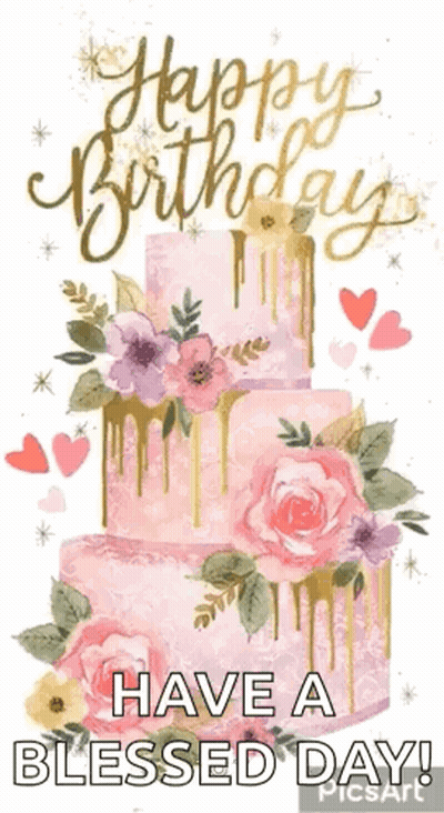 A Pink And Gold Birthday Cake With Flowers And Hearts On It GIF