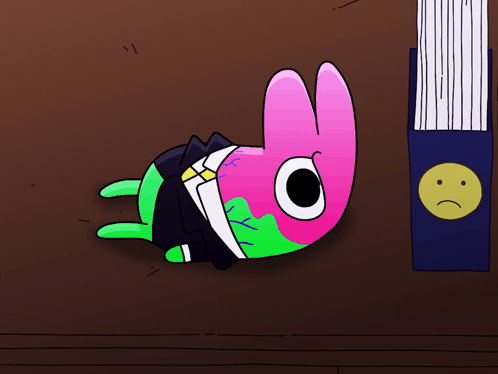 A Pink And Green Cartoon Character Is Laying On The Floor GIF