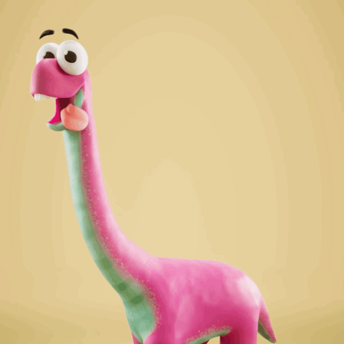 A Pink And Green Cartoon Dinosaur With A Surprised Expression On Its Face GIF