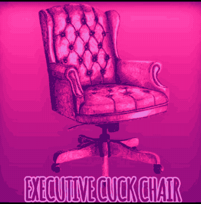 A Pink And Purple Chair With The Words Executive Cuck Chair On It GIF