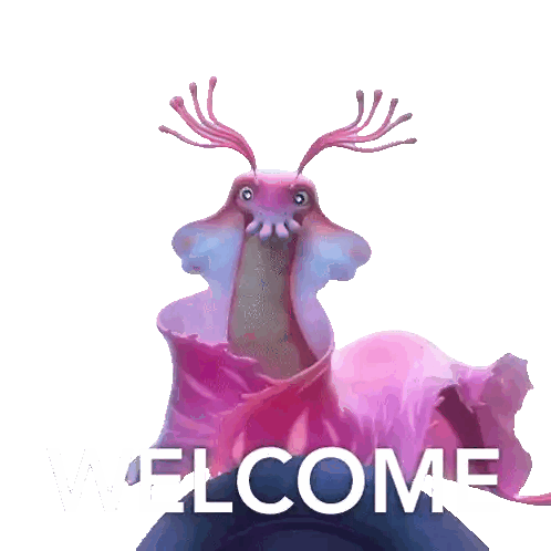A Pink And Purple Creature With The Word Welcome Written On It Sticker