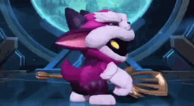 A Pink And White Cartoon Cat Is Holding A Broom In Its Mouth . GIF