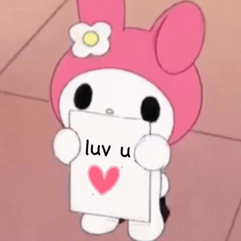 A Pink And White Cartoon Character Is Holding A Sign That Says Luv U GIF