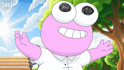 A Pink And White Cartoon Character Is Standing In Front Of A Bench With The Sun Shining Through The Clouds GIF
