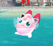 A Pink And White Cartoon Character Is Swimming In The Water With A Red P1 Sign Behind It GIF