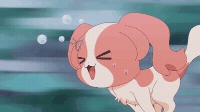 A Pink And White Cartoon Dog With Bubbles Around It GIF