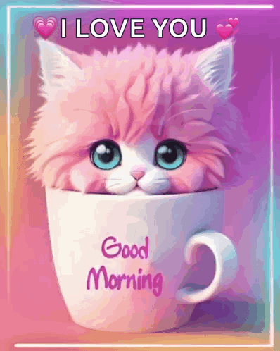 A Pink And White Cat Is Sitting In A Cup That Says Good Morning GIF