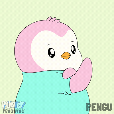 A Pink And White Penguin Is Wrapped In A Blue Blanket And Has The Word Pengu On The Bottom GIF