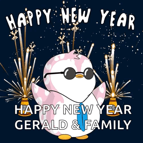 A Pink And White Penguin Wearing Sunglasses And A Tie Says Happy New Year GIF