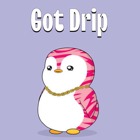 A Pink And White Penguin With A Gold Chain Around Its Neck And The Words Got Drip Above It GIF
