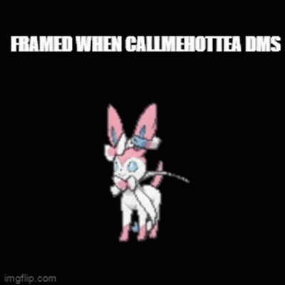 A Pink And White Pokemon Is Standing On A Black Background With The Words `` Framed When Callmehottea Dms '' GIF