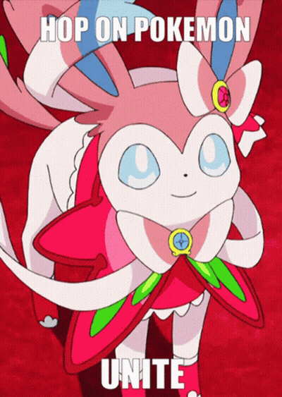 A Pink And White Pokemon With The Words Hop On Pokemon Unite GIF