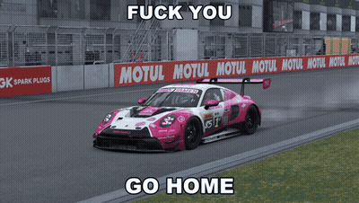 A Pink And White Race Car On A Track With A Motul Sign In The Background GIF