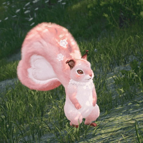A Pink And White Squirrel With Flowers On Its Tail Is Standing In The Grass GIF