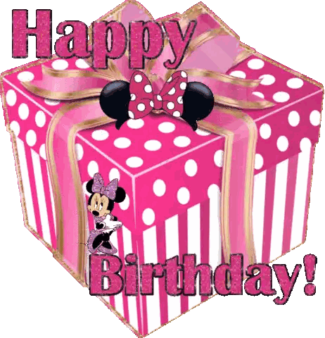 A Pink And White Striped Gift Box With Minnie Mouse On It And The Words Happy Birthday Sticker
