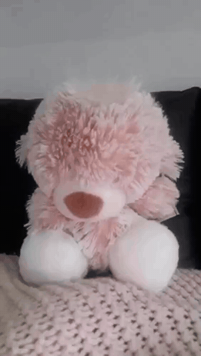 A Pink And White Teddy Bear Is Sitting On A Blanket On A Couch . GIF
