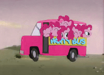 A Pink And Yellow Party Bus With Pinkie Pie On The Back GIF