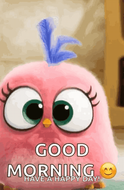 A Pink Angry Bird With A Blue Feather On Its Head Is Saying Good Morning Have A Happy Day GIF