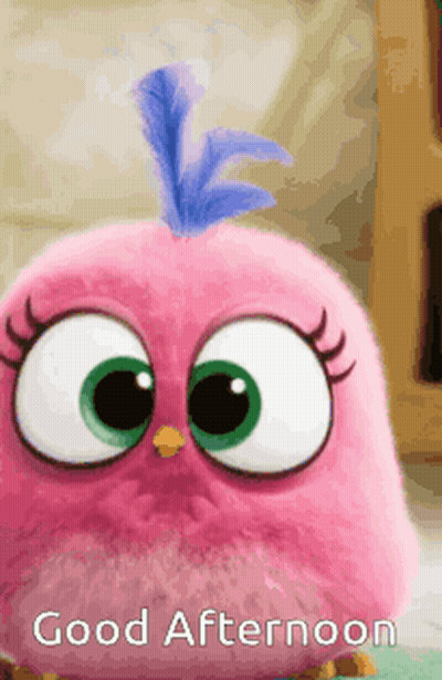 A Pink Angry Bird With A Blue Feather On Its Head Says Good Afternoon . GIF